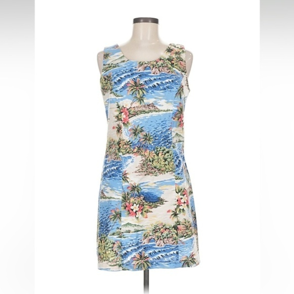Kona Kai Maui Hawaiian Scenic Print Sheath Dress Women’s M Blue